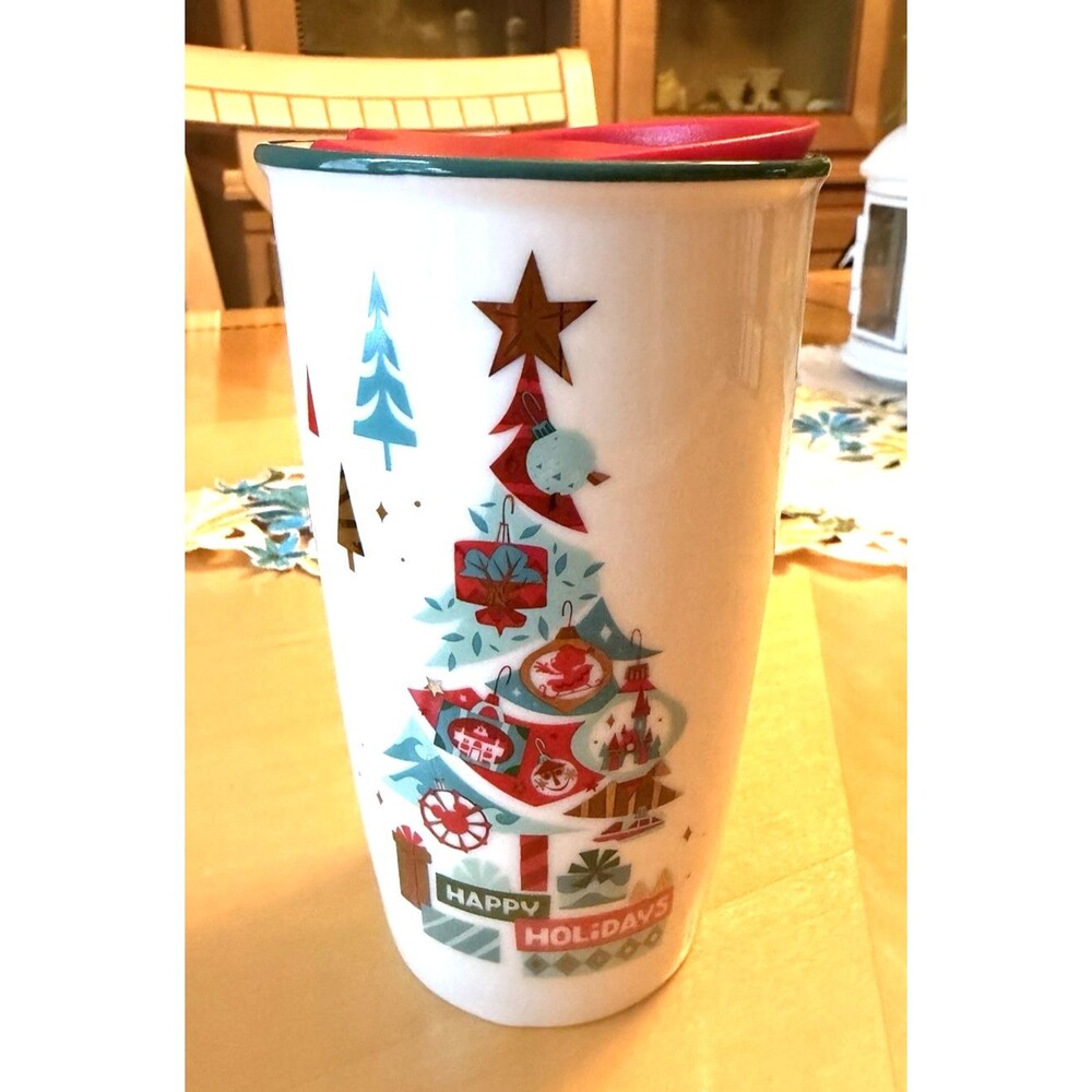 NEW Disney Parks 2019 Starbucks Happy Holidays Ceramic Travel Tumbler With Lid
